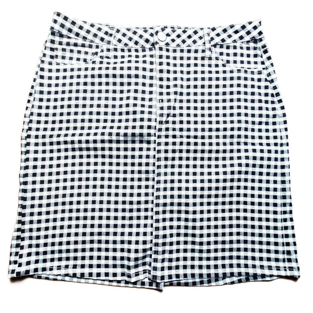 Baccini Womens Gingham Mini Skirt Size 8 Black White Stretch Casual